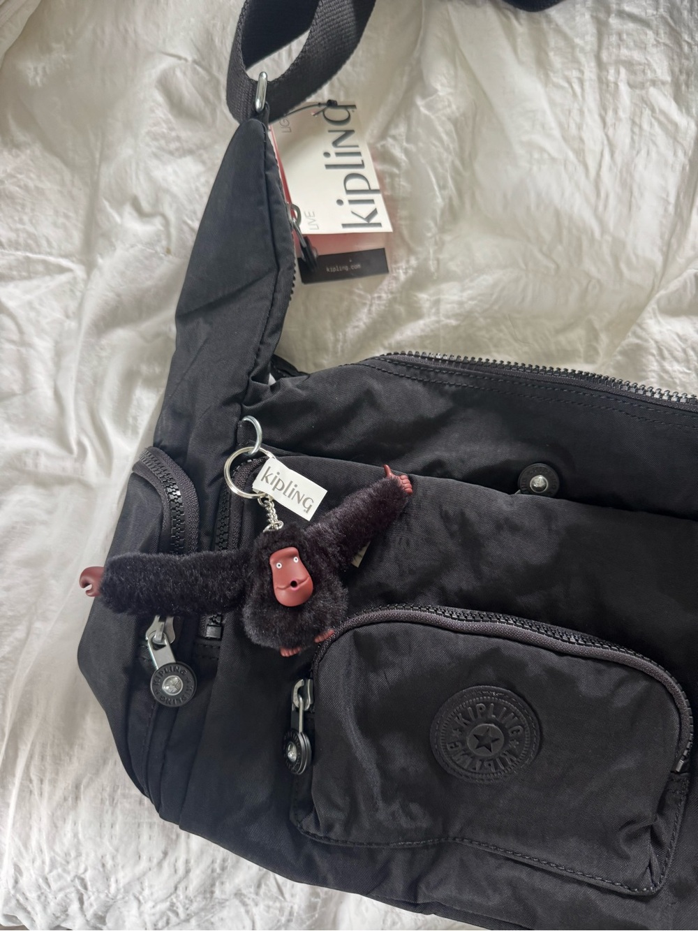 Kipling Black Nylon Messenger Crossbody Bag with Monkey Charm - Picture 2 of 3